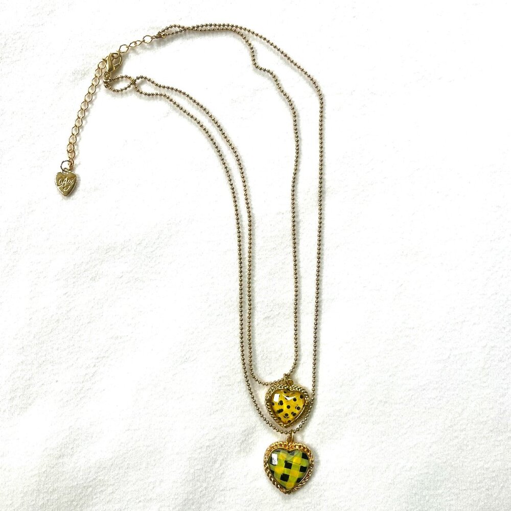 Betsey Johnson Double Strand Necklace with Plaid & Spotted Hearts